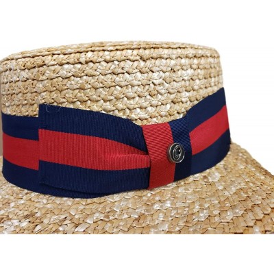 Fedoras Men's Classic Straw Braid Boater Hat - Straw/ Navy/ Red - C3199Q3A9Y2 $38.06