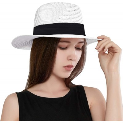 Sun Hats Womens UPF 50+ Wide Brim Panama Straw Hat Foldable Fedora Beach Sun Hat - White - CA18N8U0EEI $15.07