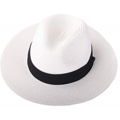 Sun Hats Womens UPF 50+ Wide Brim Panama Straw Hat Foldable Fedora Beach Sun Hat - White - CA18N8U0EEI $15.07