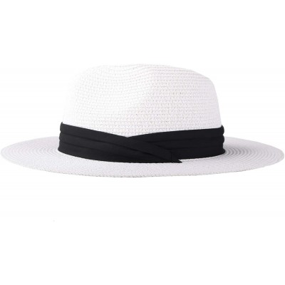 Sun Hats Womens UPF 50+ Wide Brim Panama Straw Hat Foldable Fedora Beach Sun Hat - White - CA18N8U0EEI $15.07