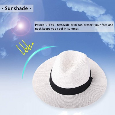 Sun Hats Womens UPF 50+ Wide Brim Panama Straw Hat Foldable Fedora Beach Sun Hat - White - CA18N8U0EEI $15.07