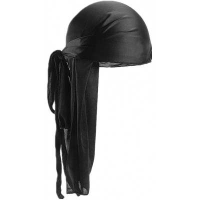 Skullies & Beanies Men Women Durag Extra Long-Tail Headwraps Silky Satin Pirate Cap Bandana Hat for 360 Waves - Black - CH18L...