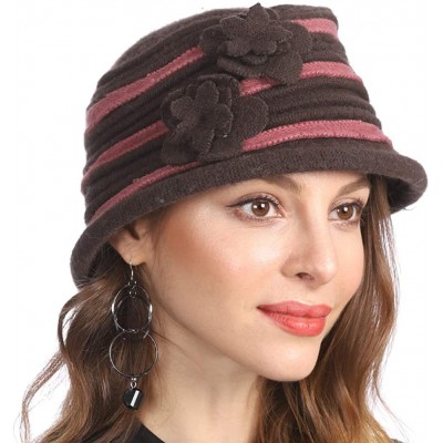 Berets Women's Winter Warm 100% Wool Beret Beanie Cloche Bucket Hat - Stripe Brown - CU18Y8RANN3 $17.43