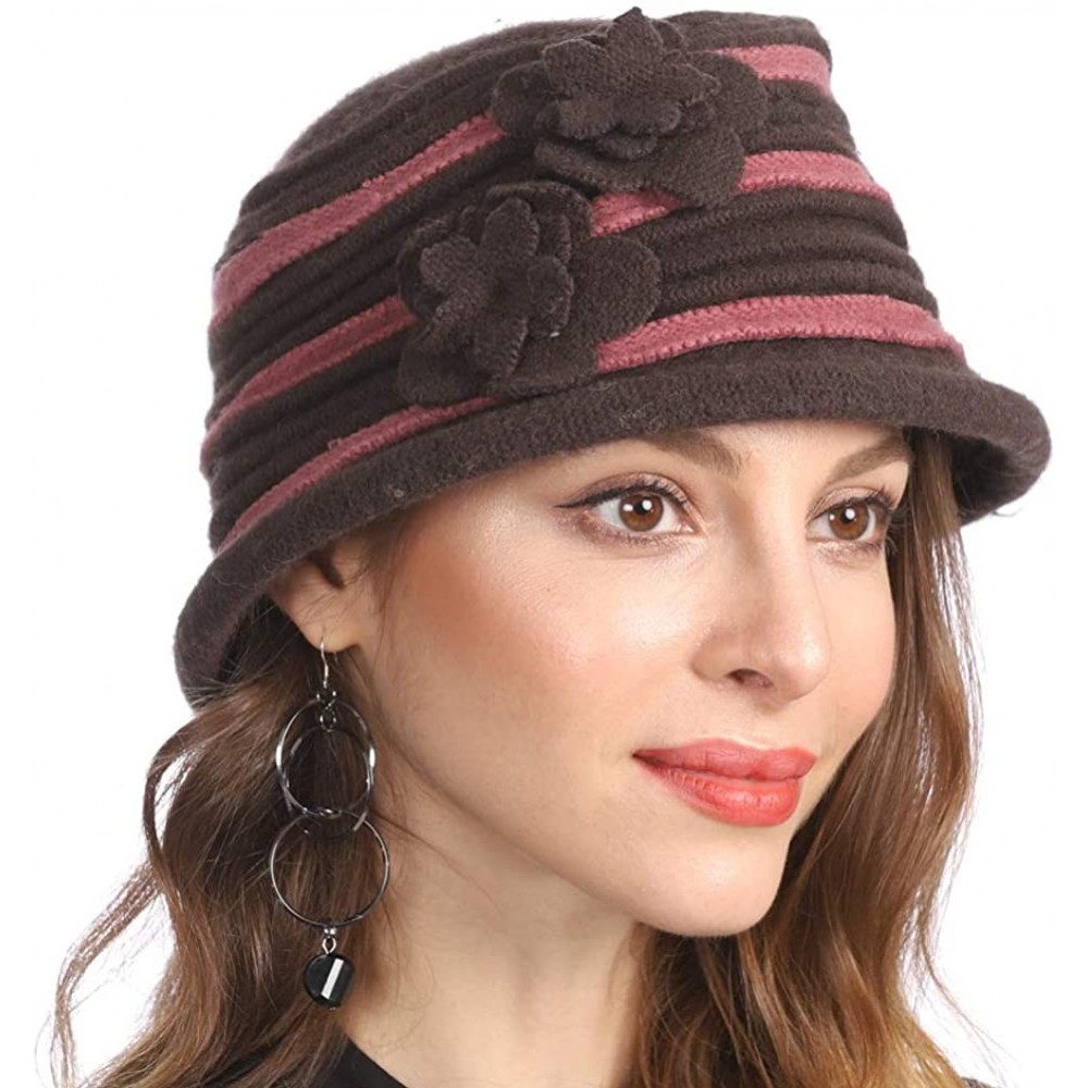 Berets Women's Winter Warm 100% Wool Beret Beanie Cloche Bucket Hat - Stripe Brown - CU18Y8RANN3 $17.43