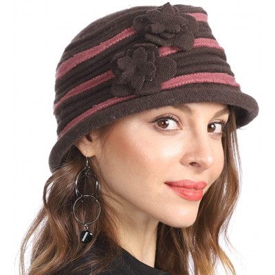 Berets Women's Winter Warm 100% Wool Beret Beanie Cloche Bucket Hat - Stripe Brown - CU18Y8RANN3 $17.43