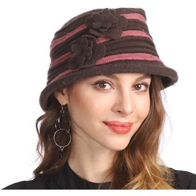 Berets Women's Winter Warm 100% Wool Beret Beanie Cloche Bucket Hat - Stripe Brown - CU18Y8RANN3 $17.43
