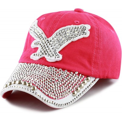 Baseball Caps Washed Cotton Shiny Bling Rhinestone Studded Eagle Cap - H.pink/White - CI12J4L8LLR $11.88