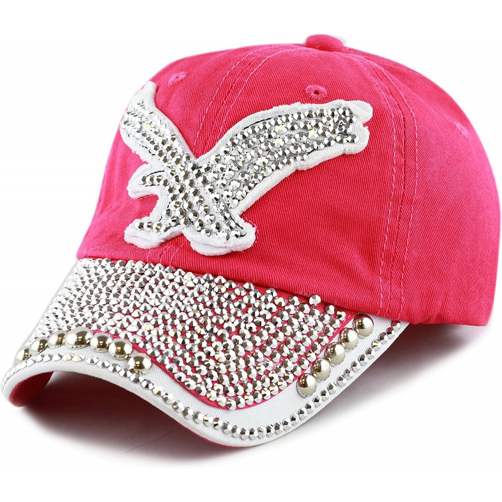 Baseball Caps Washed Cotton Shiny Bling Rhinestone Studded Eagle Cap - H.pink/White - CI12J4L8LLR $11.88