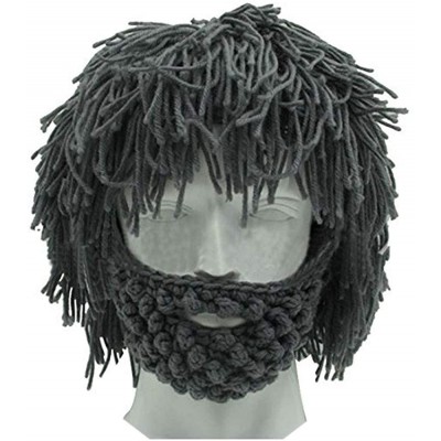 Skullies & Beanies Creative Original Barbarian Knit Beard Hat Wig Beanie Hat Funny Knit Hat Beard Facemask - Dark Grey - C712...