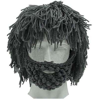 Skullies & Beanies Creative Original Barbarian Knit Beard Hat Wig Beanie Hat Funny Knit Hat Beard Facemask - Dark Grey - C712...