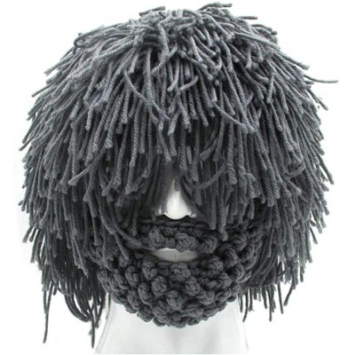 Skullies & Beanies Creative Original Barbarian Knit Beard Hat Wig Beanie Hat Funny Knit Hat Beard Facemask - Dark Grey - C712...