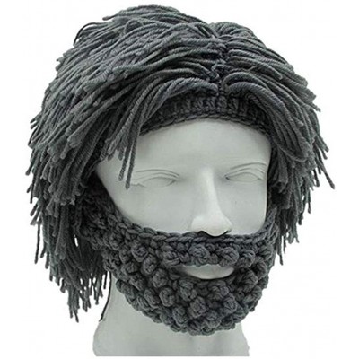 Skullies & Beanies Creative Original Barbarian Knit Beard Hat Wig Beanie Hat Funny Knit Hat Beard Facemask - Dark Grey - C712...