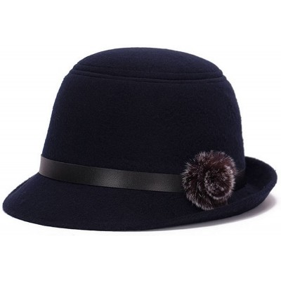 Bucket Hats Women Wool Felt Church Cloche Cap Bucket Top Hat Bowler Hats with Pompom Band - Navy - CO1805NUE9U $19.93