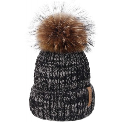 Skullies & Beanies Winter Knit Hat Detachable Real Raccoon Fur Pom Pom Womens Girls Warm Knit Beanie Hat - CD1251TBZJB $42.21