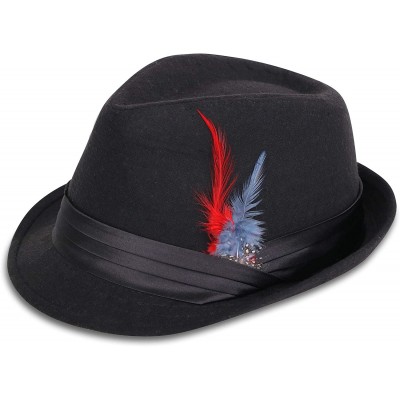 Fedoras Women Men Classic 1920s Manhattan Structured Trilby Fedora Hat - Black/Red Fur - CO18H086KDX $11.51