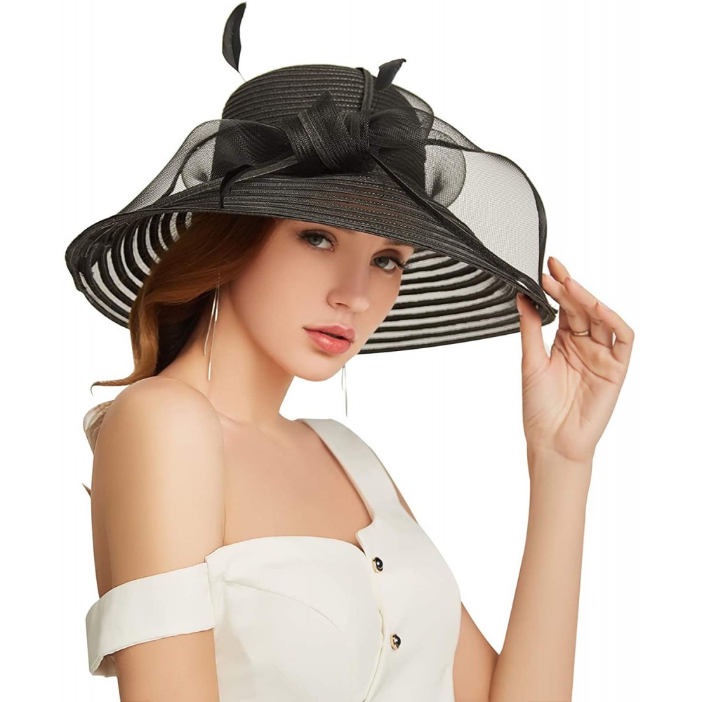 Sun Hats Women Kentucky Derby Church Dress Cloche Hat Bowknot Wedding Bucket Bowler Sun Hat - 004a Black - CI18S0860MK $20.71