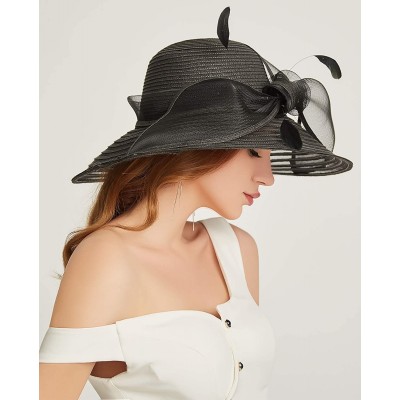 Sun Hats Women Kentucky Derby Church Dress Cloche Hat Bowknot Wedding Bucket Bowler Sun Hat - 004a Black - CI18S0860MK $20.71