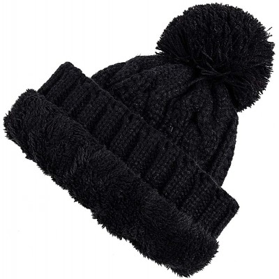 Skullies & Beanies Women Winter Knit Hat Warm Fleece Lined Pom Pom Beanie Hat - 1-black - C918ZD2ACCY $7.94