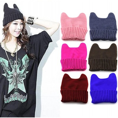 Skullies & Beanies Cute Cat Ear Shape Women Girl Warm Winter Knitted Hat Beanie Cap - Black - CU11OPODAYB $9.38