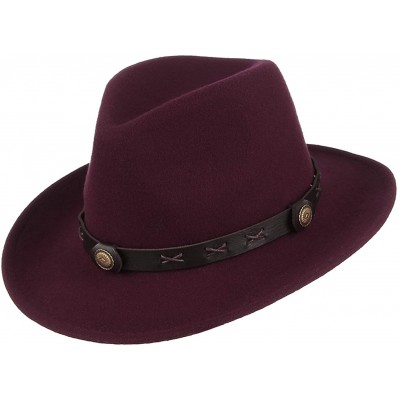 Cowboy Hats Unisex Retro Felt Western Cowboy Hat Wide Brim Crushable Outback Hat with Leather Band - Burgundy - CE18NYHH32W $...