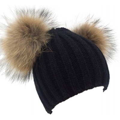 Skullies & Beanies Winter Knit Crochet Beanie Raccoon Fur Double Pom Pom Ball Bobble Hat Crochet Ski Cap - Black - CS186NOHUD...