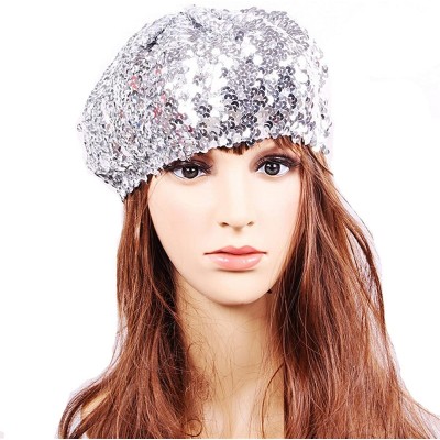 Berets Women's Fashion Fun Sparkle Sequins Shimmer Stretch Beret Beanie Hat - Silver - CM12J28GRYZ $13.39