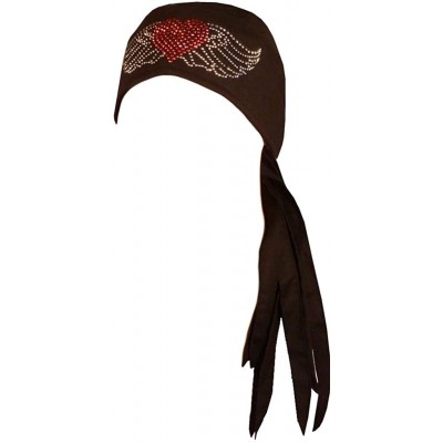 Skullies & Beanies Nomad Rhinestud Skull Cap Biker Style Doo Rags - Large Red Heart w/Wings on Black - CJ12ELCLS9B $18.91