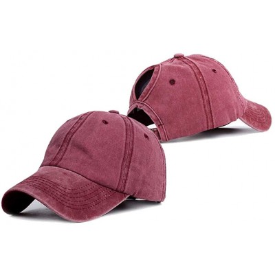 Baseball Caps Ponytail-Baseball-Hat Women Messy-Bun-Hat Cap - Washed Distressed - Ponytail Burgundy3 - C518K52UR7A $8.88