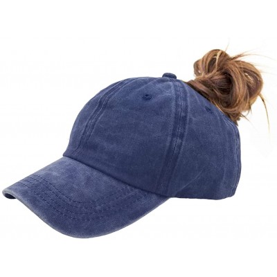 Baseball Caps Ponytail Baseball Hat Distressed Retro Washed Cotton Twill - Denim Blue - CJ18GYXAICX $12.54