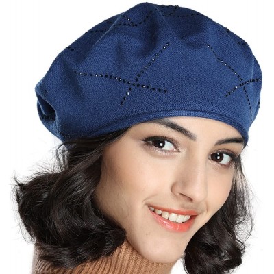 Berets Women's Thin Cotton Knit Beret Hat with Rhinestone Crisscross Decoration - Denim Blue - C418GLUXDCE $31.97