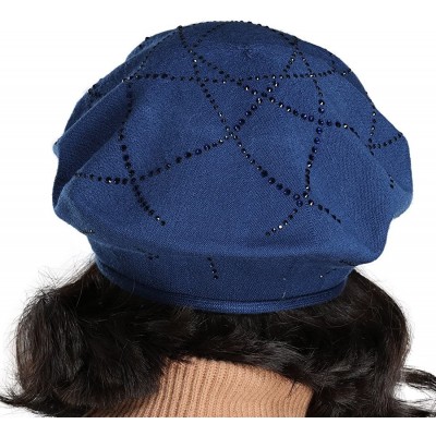 Berets Women's Thin Cotton Knit Beret Hat with Rhinestone Crisscross Decoration - Denim Blue - C418GLUXDCE $16.61