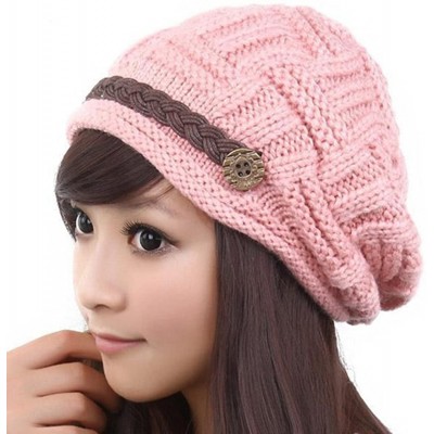 Skullies & Beanies Women's Braided Warm Winter Baggy Beanie Oversized Crochet Ski Hats Knit Caps Snowboard Caps - Pink - CR12...