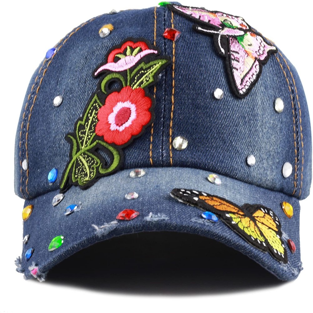 Baseball Caps 200 Bling Jewel Rhinestone Rose Patch Washed Denim Baseball Cap - 27. Butterfly Patch-3 - CL18RG45KAA $14.78