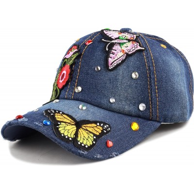 Baseball Caps 200 Bling Jewel Rhinestone Rose Patch Washed Denim Baseball Cap - 27. Butterfly Patch-3 - CL18RG45KAA $14.78