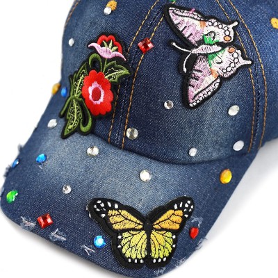 Baseball Caps 200 Bling Jewel Rhinestone Rose Patch Washed Denim Baseball Cap - 27. Butterfly Patch-3 - CL18RG45KAA $14.78