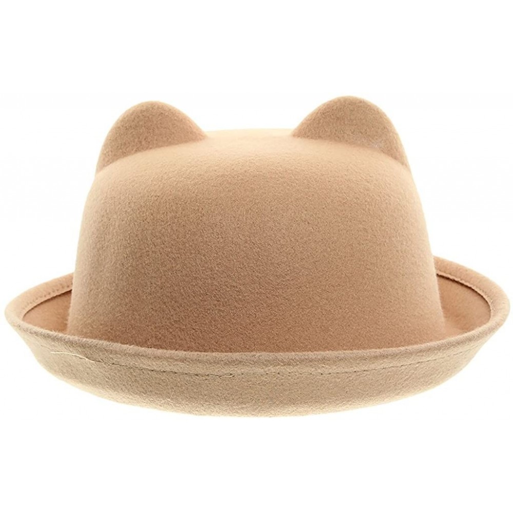 Fedoras Women Wool Felt Cat Ear Roll-up Hat Fedora Bowler Head Circumference 22.5" - Camel - C1127E5KOQP $12.78