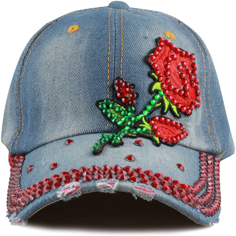 Baseball Caps 200 Bling Jewel Rhinestone Rose Patch Washed Denim Baseball Cap - 10. Rose Stone-2 - CA18RD587HO $12.07