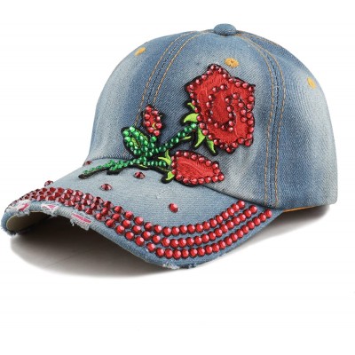 Baseball Caps 200 Bling Jewel Rhinestone Rose Patch Washed Denim Baseball Cap - 10. Rose Stone-2 - CA18RD587HO $12.07