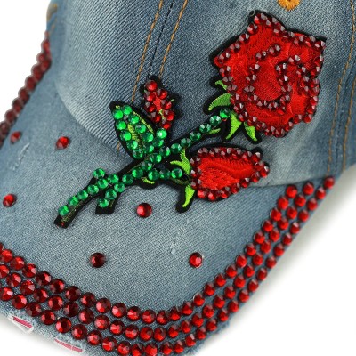 Baseball Caps 200 Bling Jewel Rhinestone Rose Patch Washed Denim Baseball Cap - 10. Rose Stone-2 - CA18RD587HO $12.07