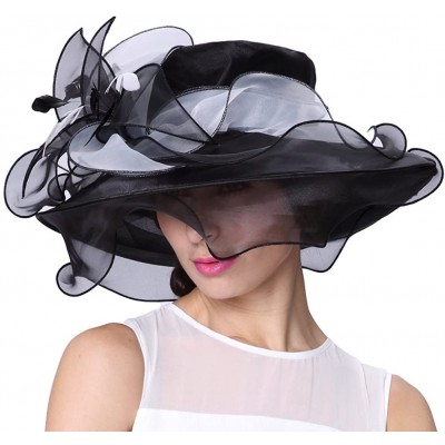 Sun Hats Women Race Hats Organza Hat with Ruffles Feathers - Black&white - CB12EORXUU3 $33.44