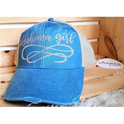 Baseball Caps Women's Oklahoma Girl Bling Trucker Style Baseball Cap - Teal/Silver - CW186KNHZZD $23.89