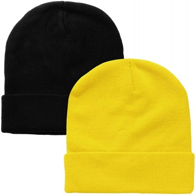 Skullies & Beanies Men Women Knitted Beanie Hat Ski Cap Plain Solid Color Warm Great for Winter - 2pcs Black & Gold - C918ZGH...