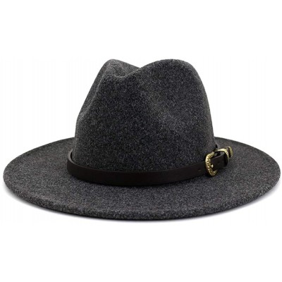 Fedoras Women Belt Buckle Wool Wide Brim Fedora Hat - Metal Buckle Dark Grey - CP1938NZYC6 $11.70