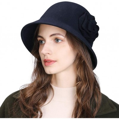 Fedoras 2019 New Wool Felt Cloche Fedora Hat Ladies Church Derby Party Fashion Winter - 00790_navy Blue - C618ZICC7DC $22.32