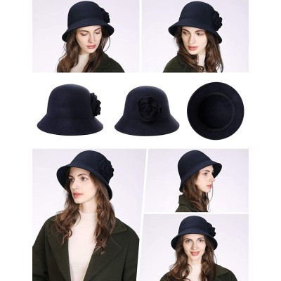 Fedoras 2019 New Wool Felt Cloche Fedora Hat Ladies Church Derby Party Fashion Winter - 00790_navy Blue - C618ZICC7DC $22.32