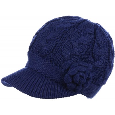 Skullies & Beanies Women's Winter Fleece Lined Elegant Flower Cable Knit Newsboy Cabbie Hat - Navy Cable Flower - CP18IIL035W...