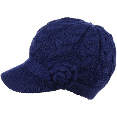 Skullies & Beanies Women's Winter Fleece Lined Elegant Flower Cable Knit Newsboy Cabbie Hat - Navy Cable Flower - CP18IIL035W...