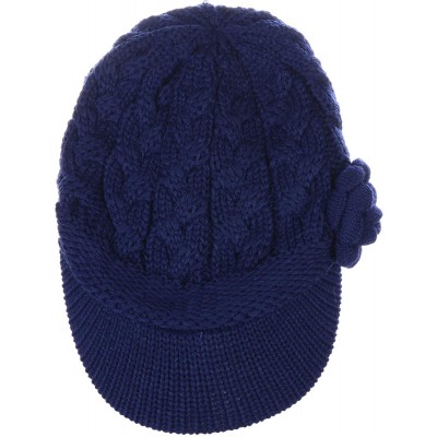 Skullies & Beanies Women's Winter Fleece Lined Elegant Flower Cable Knit Newsboy Cabbie Hat - Navy Cable Flower - CP18IIL035W...