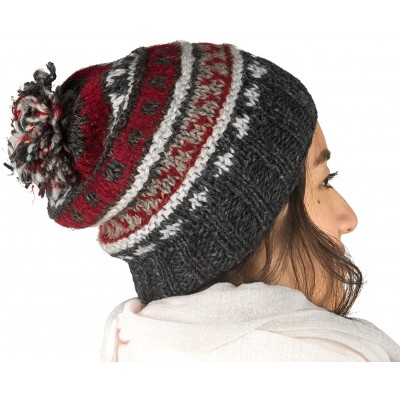 Skullies & Beanies 100% Wool Warm Winter Hat Fleece Inside Women Beanie Pom Pom Skull Snow - Red Grey - CE188T0CK7C $14.31