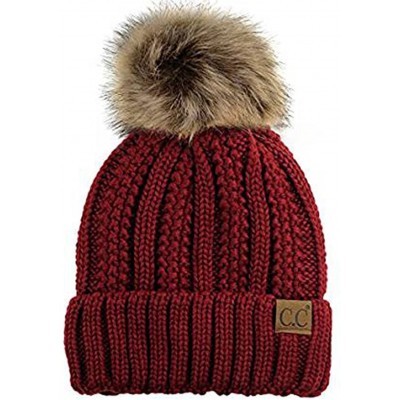 Skullies & Beanies Quality Women's Faux Fur Pom Fuzzy Fleece Lined Slouchy Skull Thick Cable Beanie hat - Burgundy - C9187UX7...